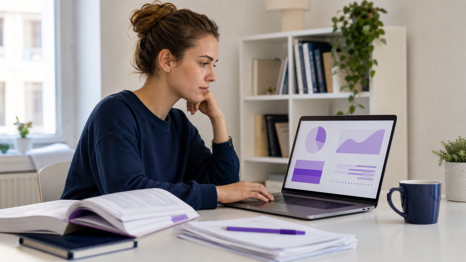 Studentka analizująca dane do pracy dyplomowej przy laptopie